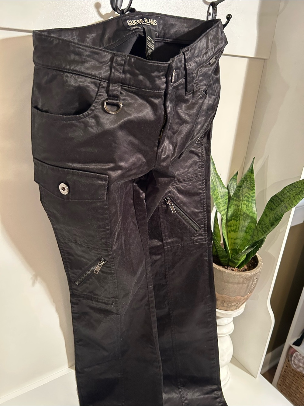 Guess Satin Like  Black Cargo Flare Pants NWOT Rare Vintage 90”s - Picture 10 of 13